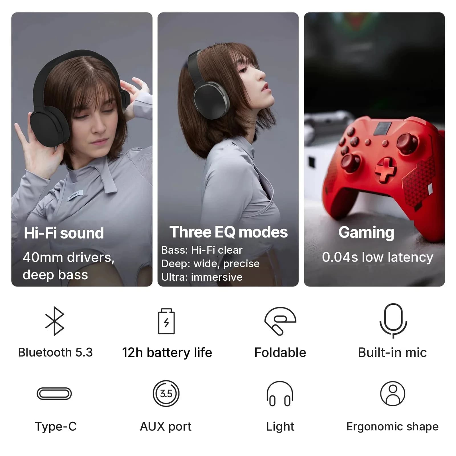 Bežične nadušne Bluetooth slušalice s tri EQ načina i mikrofonom